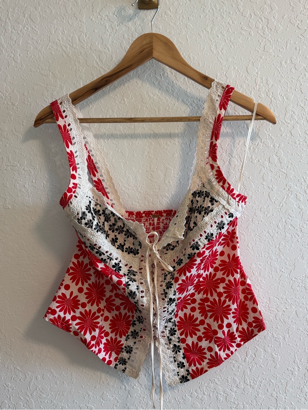 Free People Red Floral Lace-Trim Corset Tank Top